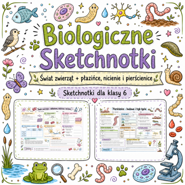 Sketchnotki Biologia klasa 6 – Świat zwierząt + płazińce, nicienie i pierścienice