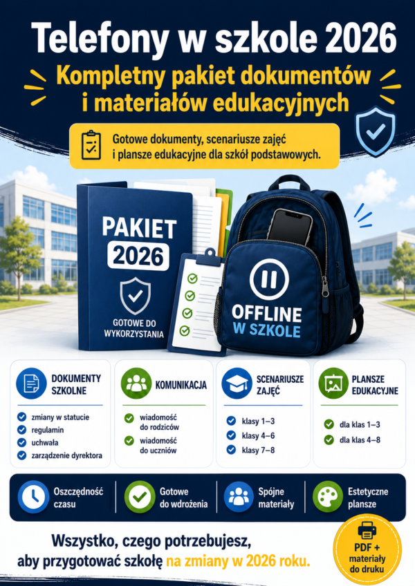 Plakat- telefony w szkole 2026 Telefony w szkole 2026 - kompletny pakiet dokumentów i materiałów edukacyjnych