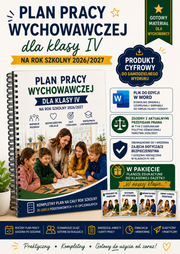 Plan pracy wychowawczej klasa 4 - plakat Plan pracy wychowawczej dla klasy IV na rok szkolny 2026/2027