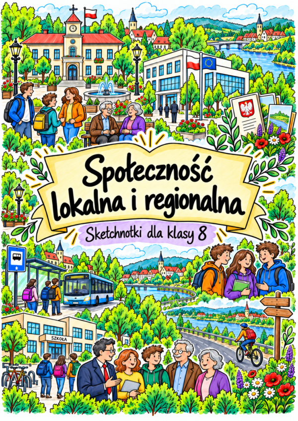 Społeczność lokalna i regionalna – plakat Sketchnotki WOS klasa 8 – Społeczność lokalna i regionalna